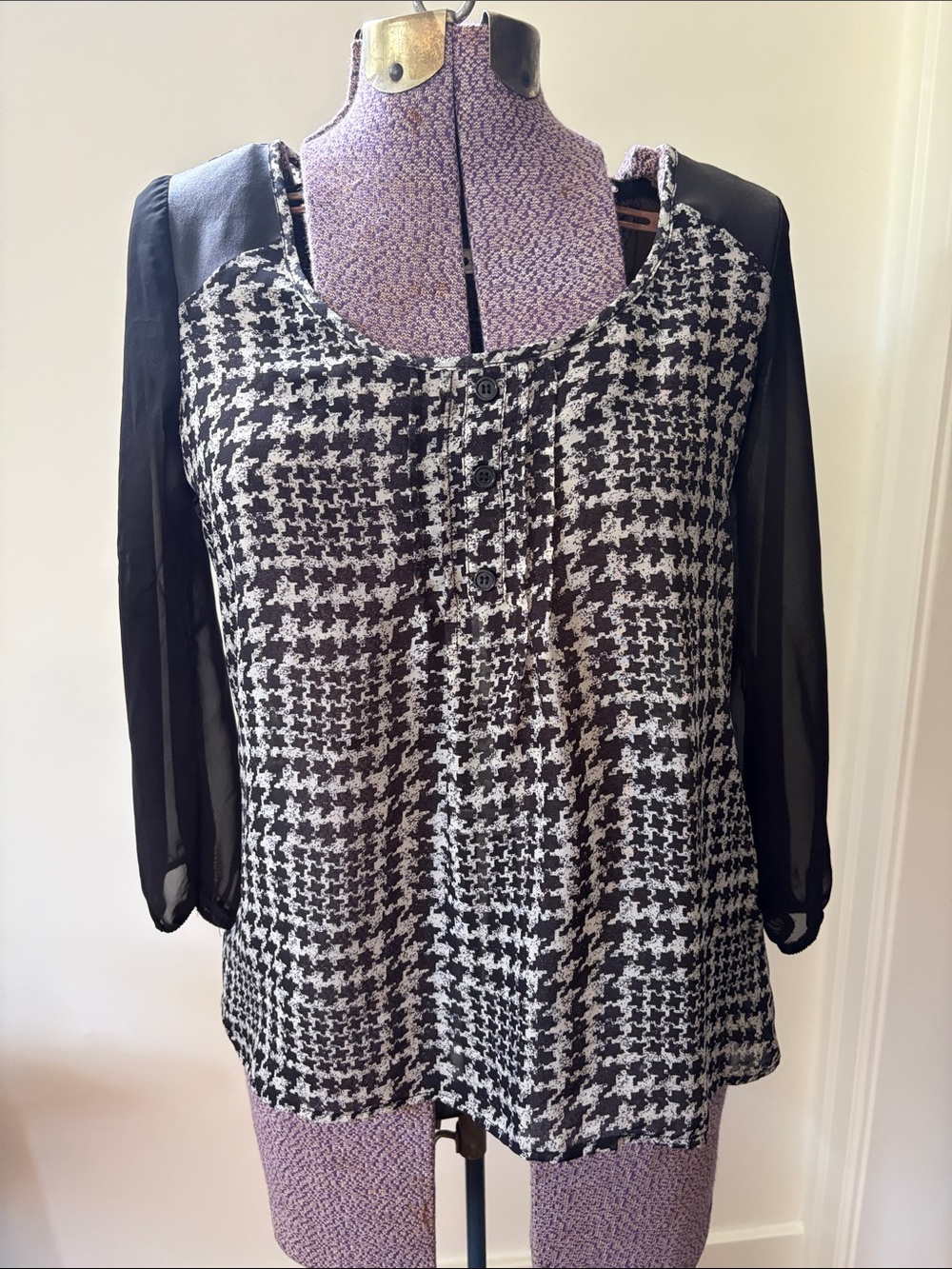 Maurices Black & White Sheer Houndstooth Blouse